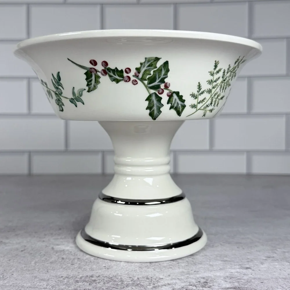 Bath and Body Works Holiday Christmas Holly Pedestal Candle Holder Candy Dish